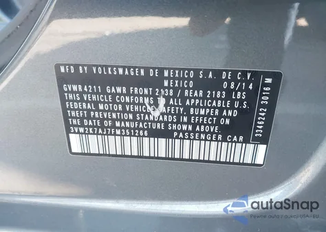 2015 Volkswagen Jetta 2.0L S from USA, damaged, VIN 3VW2K7AJ7FM351266